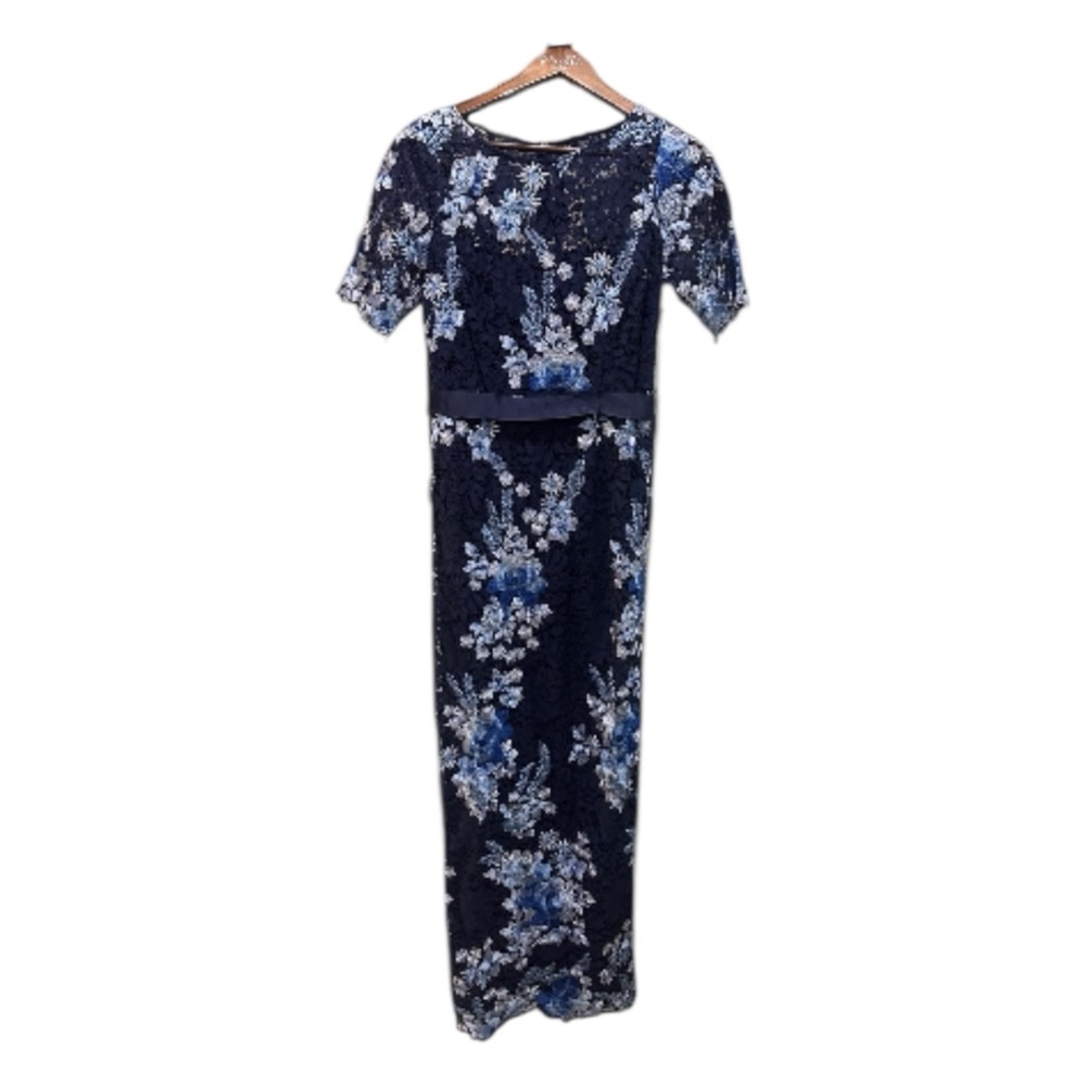 Adrianna Papell Navy Floral Lace Column Maxi Gown Short Sleeve NWT 2 - Picture 6 of 10